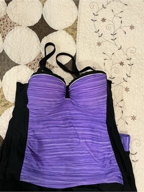 Purple & Black Women's Tankini Top - Strap Support & Swim Skort